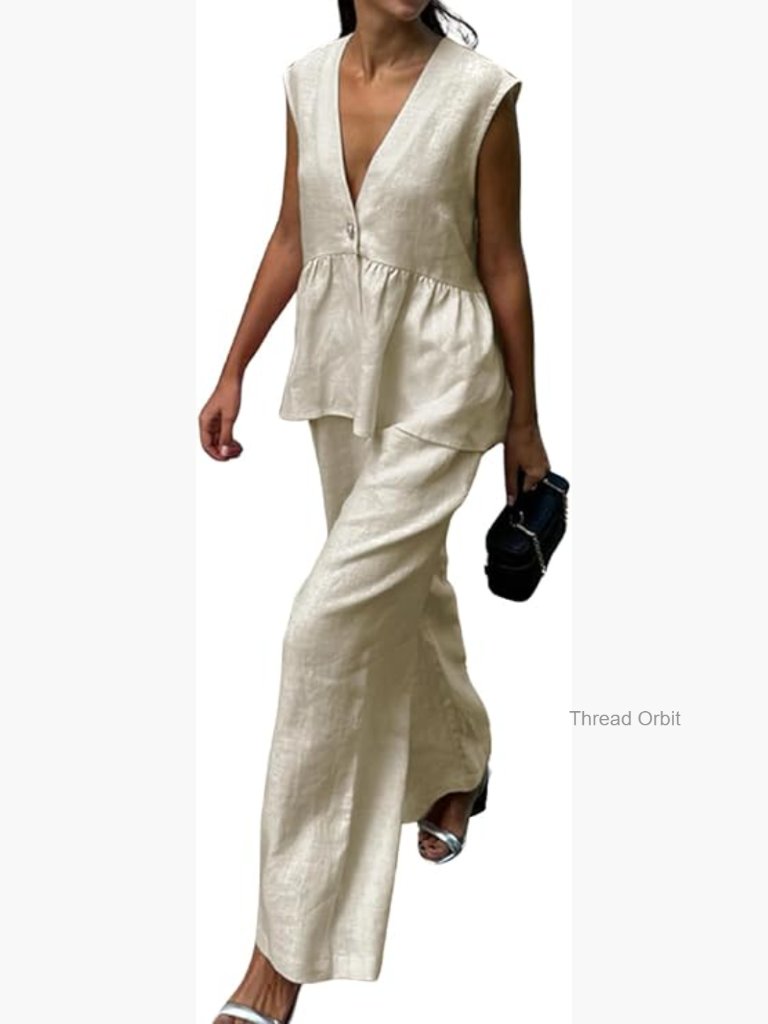 Sleeveless V-Neck Peplum Vest & Wide Leg Pant Set, Rayon Blend